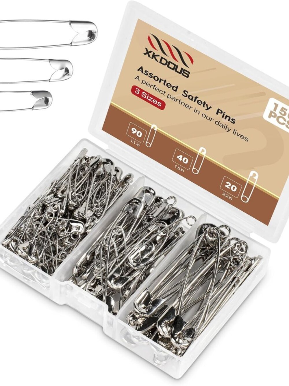 150 Pack Safety Pins for Clothes 3 Universal Assorted Sizes, Sliver